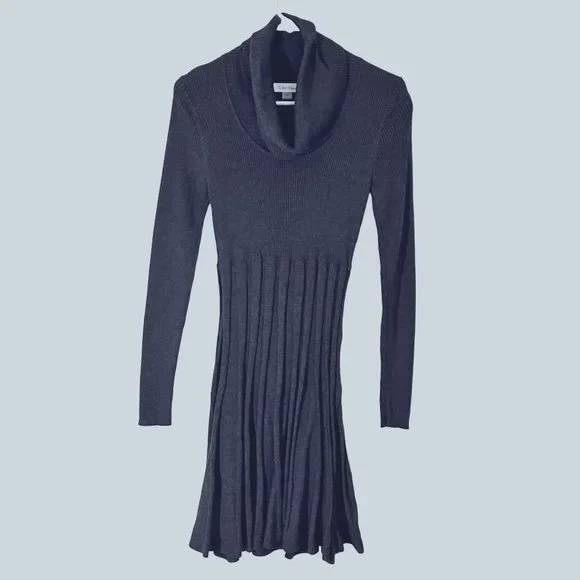 Calvin Klein | Dresses | Calvin Klein Cowl Neck Womans Small Gray Ribbed  Knit Pleated Sweater Midi Dress | Poshmark